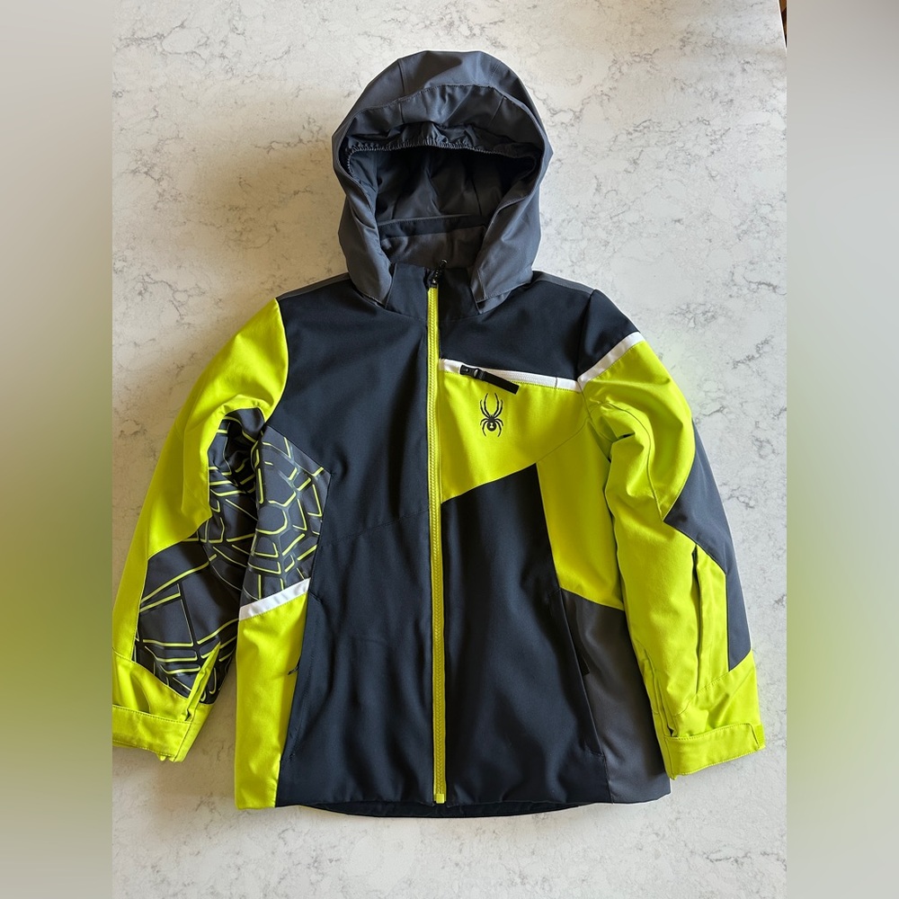 Spyder Black and Neon Yellow Hooded Ski Jacket Size 10